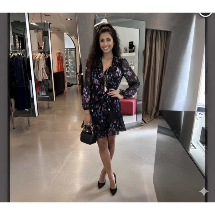 L1033 Soallure abito corto in fantasia  su fondo nero